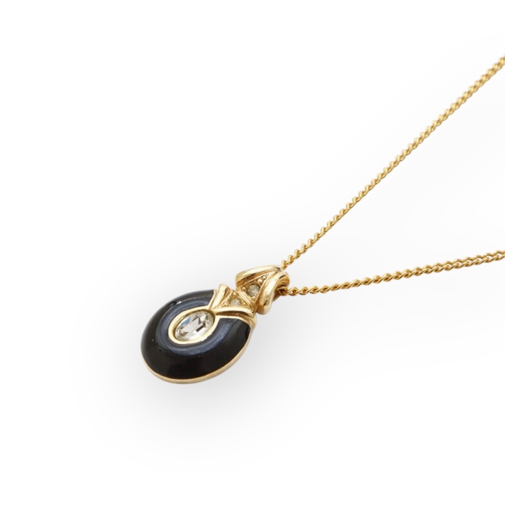 DIOR Black Enamel and Rhinestone Embellished Pendant Necklace - Picture 3 of 11